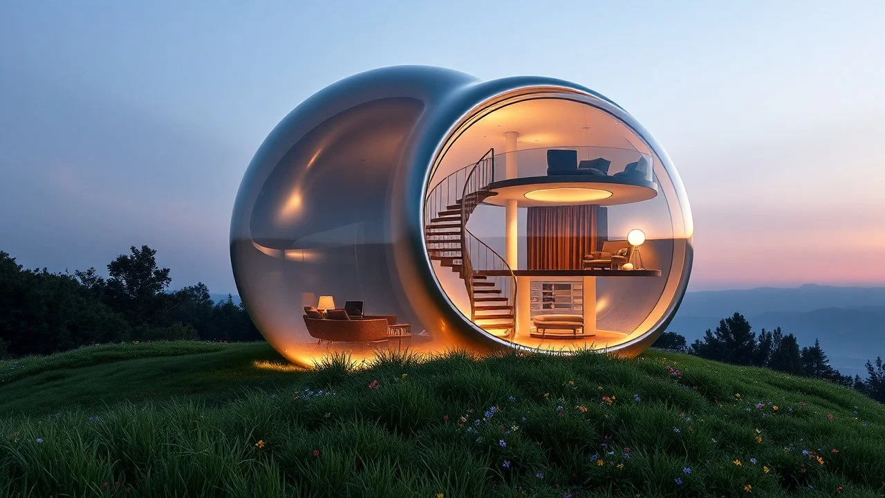 A gleaming spherical home stands on a grassy hill. The sphere is actually two interlocking orbs, whose seamless glass exteriors form a figure eight. Soft ambient lighting emanates from within, giving the structure an ethereal glow as dusk approaches. The lower sphere contains open, communal living spaces, while the upper sphere houses enclosed, private bedrooms. A spiral staircase connects the levels. Lush greenery surrounds the base, with colorful wildflowers dotting the landscape.