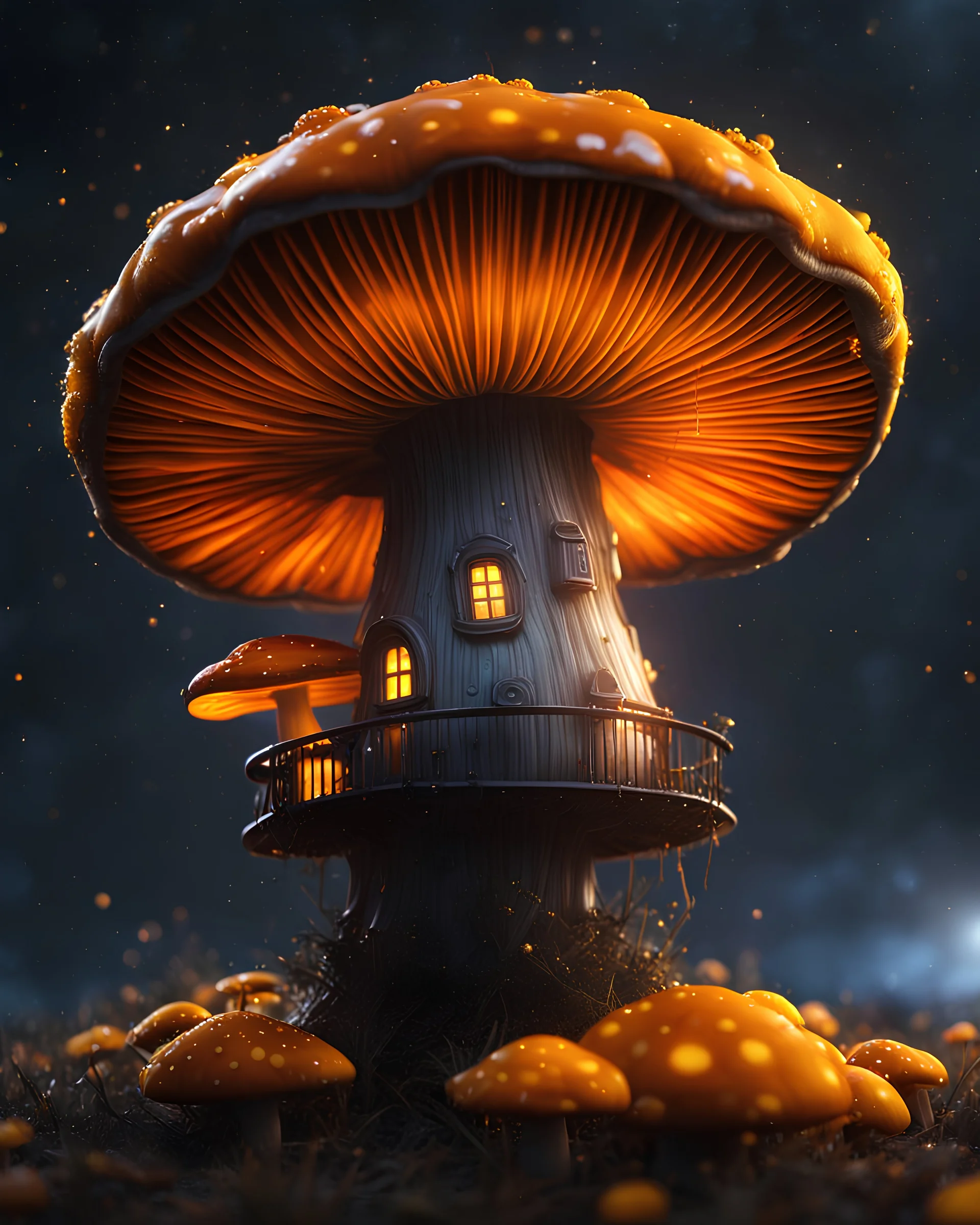 A solitary floating mushroom house on a clear night. silver and yellow and orange, Dark cosmic interstellar. Detailed Matte Painting, deep color, fantastical, intricate detail, splash screen, hyperdetailed, insane depth, concept art, 8k resolution, trending on Artstation, Unreal Engine 5, color depth, backlit, splash art, dramatic, High Quality Whimsical Fun Imaginative Bubbly, perfect composition