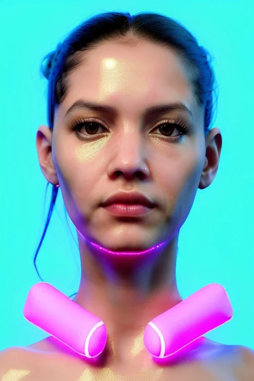 Ultra Realistic image, Rosalía artist, 40 years old, portrait, normal complexion, natural small busty, traditional little tattoo, two bows, little chopsticks hair ,black eye long liner, latex t-shirt, inflatable open coat, gold pink and blue style, spray line glow make up, geometric led jewelry, fog, hot, inflatable style latex coat, vibrant color, highly detailed, art stations, concept art, smooth, unreal engine 5, god rays, ray tracing, RTX, lumen lighting, ultra detail, volumetric lighting.