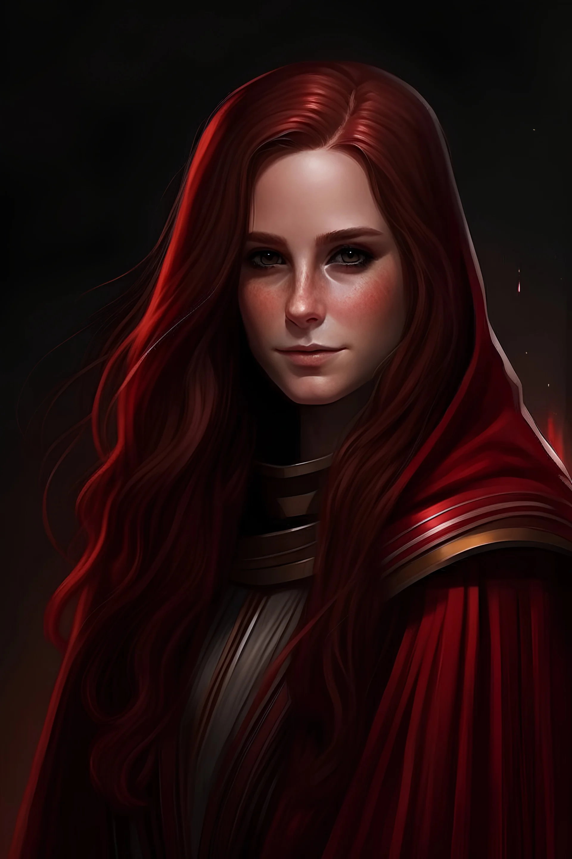 Jedi style long brown hair woman with ruby ​​red
