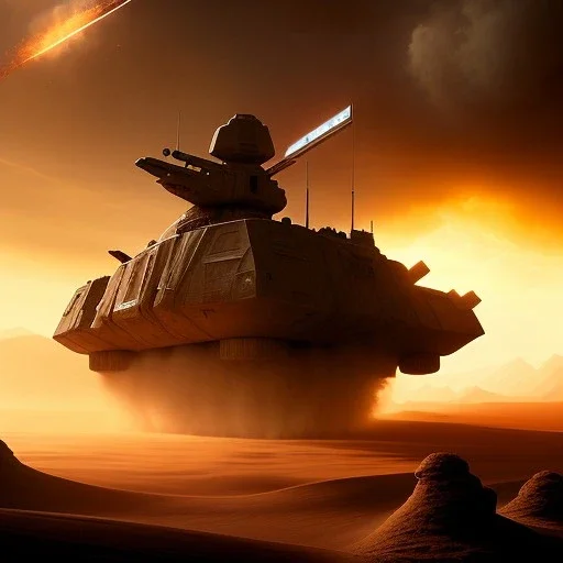 volumetric dramatic desert Battle scene with futuristic hovering military armored Hovercraft painted by chris foss, floating, 4k, 8k, Minutiae, highly detailed, rivets, flag, hovering, stripes, sunset [duststorm, nimbus clouds]