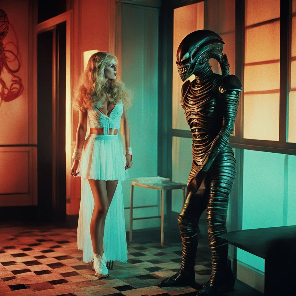 [vintage style noisy scratches glitches, Shot the texture and then rewound the film and double exposed from a colorful 1970s Italian movie] As the hot blonde cheerleader and the xenomorph mummy faced each other in the eerie hotel room, a palpable tension filled the air. The cheerleader, her youthful exuberance contrasting with the mummy's ancient horror, stood poised for a confrontation unlike any other. The xenomorph mummy, a fusion of unearthly terror and decaying majesty, regarded the cheerle