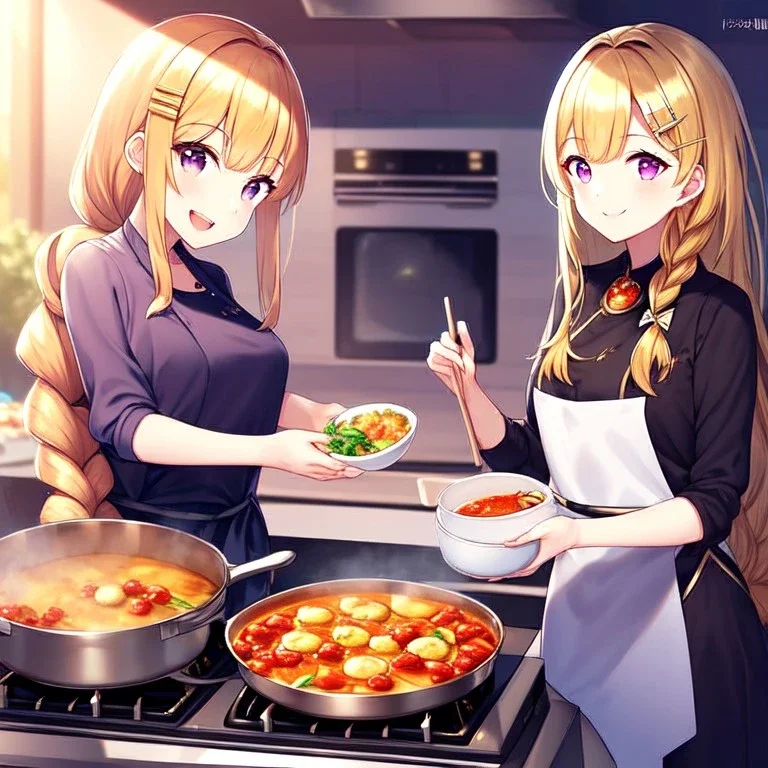 girl, masterpiece, best quality, volumetric lighting, detailed outfit, perfect eyes, golden hair, long hair, purple eyes, braided ponytail, smile, cooking, food, hairclip,