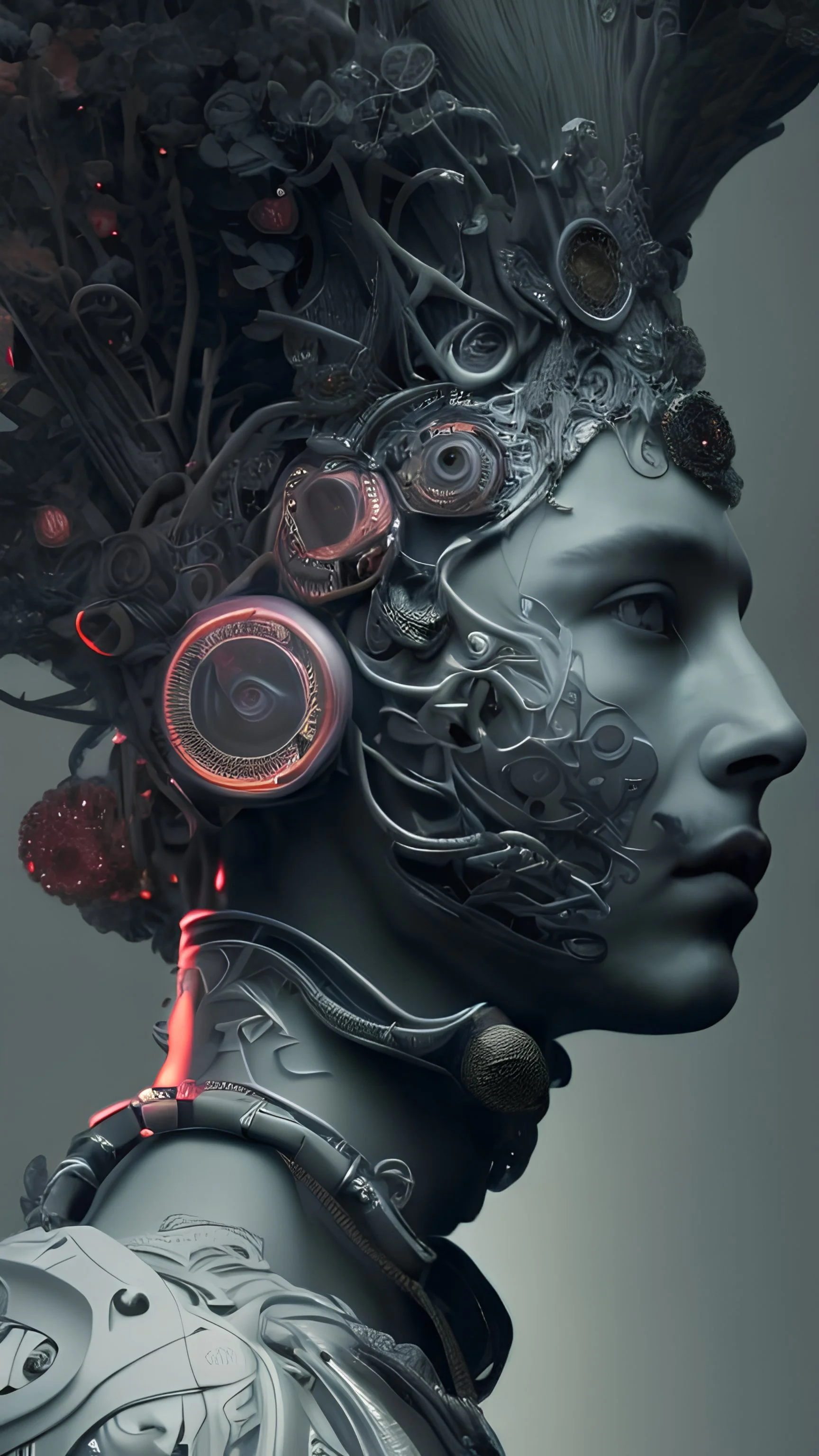 Complex 3d render ultra detailed portrait of a handsome MALE porcelain profile face, biomechanical cyborg, analog, 150 mm lens, beautiful natural soft rim light, big leaves and stems, roots, fine foliage lace, colorful details, massai warrior, alexander mcqueen high fashion haute couture, art nouveau fashion embroidered, steampunk, intricate details, mesh wire, mandelbrot fractal, anatomical, facial muscles, cable wires, elegant, hyper realistic, ultra detailed, octane render