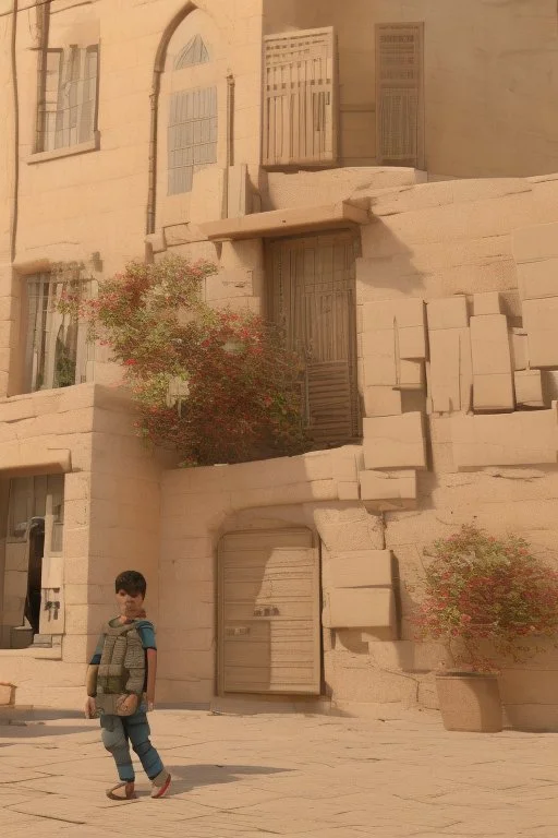 A Palestinian child carries on his shoulders a large bag with windows and doors