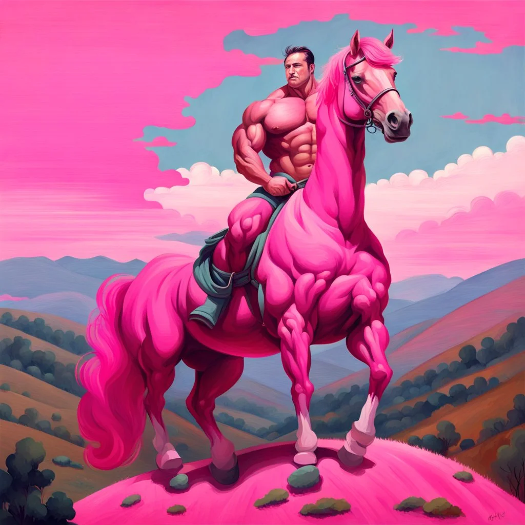 a big muscle man sitting on a pink horse in hills .like 19th painting