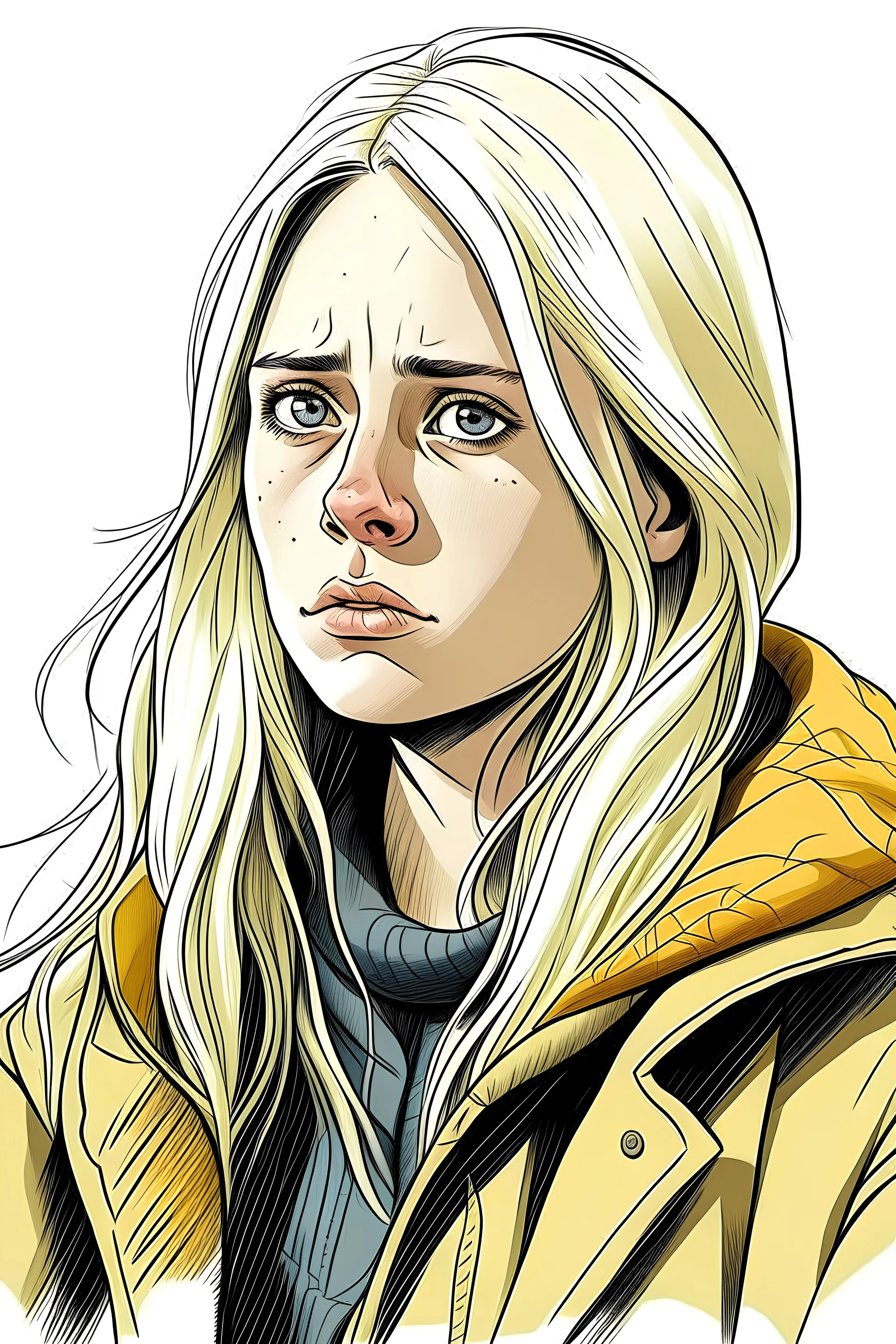 blonde Icelandic woman sad drawing coloured