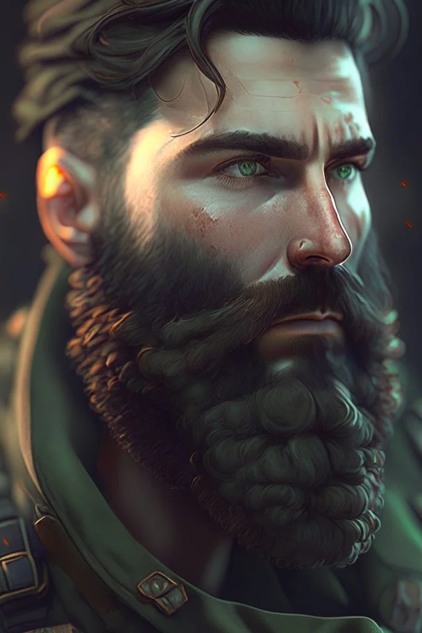 photorealistic male bearded handsome soldier, hyperdetailed painting, luminism, Bar lighting, complex, dark green miltary, 4k resolution concept art, Artgerm, WLOP, Alphonse Mucha, 3d render, octane render, intricately detailed, cinematic, awesome full color, hand drawn, dark, gritty, cinematic, buckeye burl