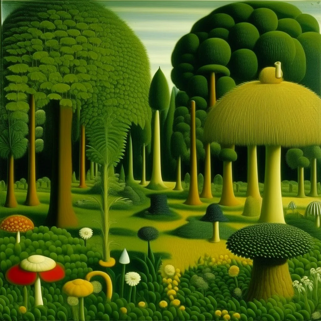 A green garden with grooving mushrooms painted by Henri Rousseau