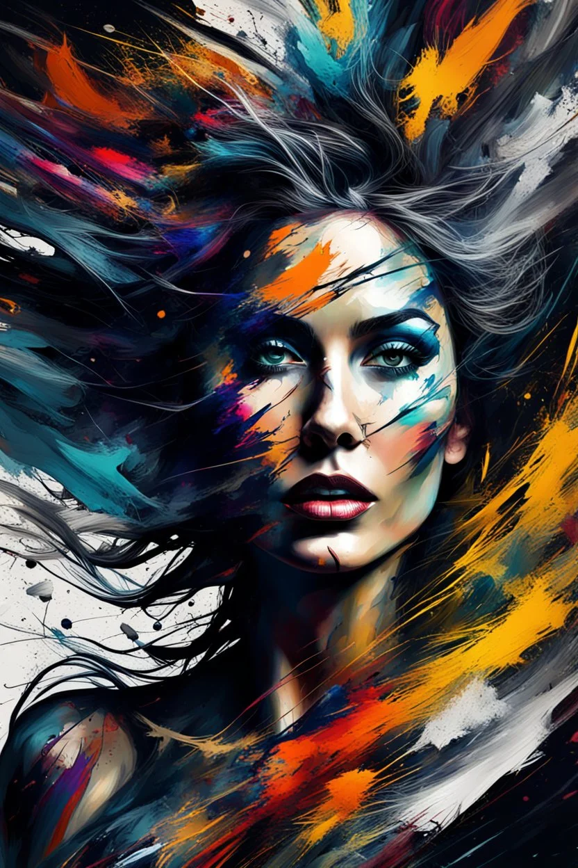 Abstract digital image about a beautiful woman and her chaotic life, chaos, stormy, explosive, weird but exceptional art, thick paint strokes, dark colours, realistic