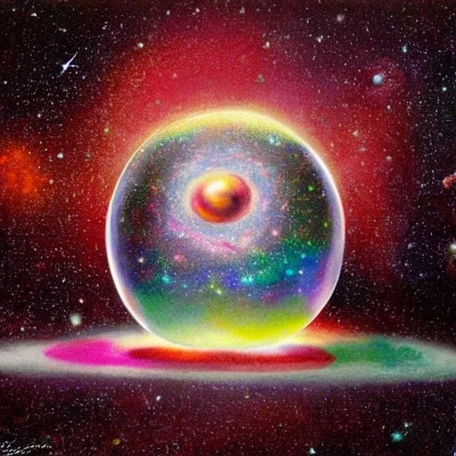 melted crayon drawing of universe inside a crystal ball on table, milky way, galaxy, planets, 8k resolution, high-quality, fine-detail, ornate, baroque, muted colors, intricate, digital art, detailed matte, volumetric lighting, illustration, octane render, Kristina Nelson,Brenna Miller, Jane Davenport, Jeffrey Robert