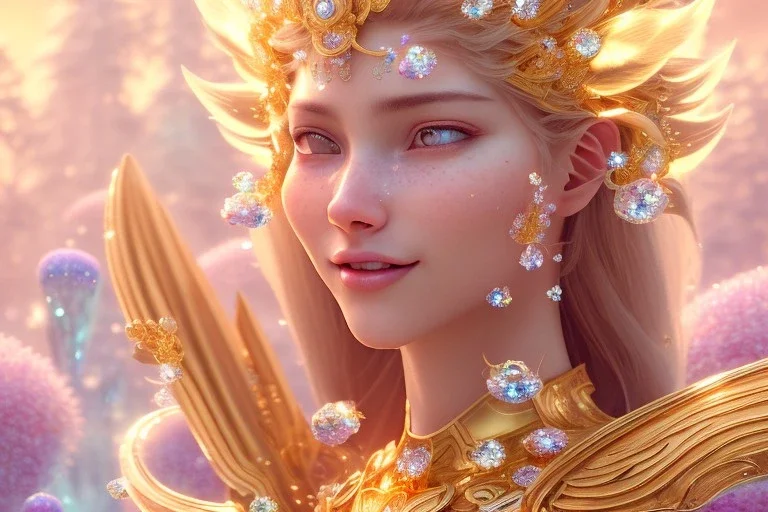 very beautiful crystal and gold goddess in a galactic ambiance, nice smiling, transparent petals, delicate colors, full of details, smooth, bright sunshine，soft light atmosphere, light effect，vaporwave colorful, concept art, smooth, extremely sharp detail, finely tuned detail, ultra high definition, 8 k, unreal engine 5, ultra sharp focus