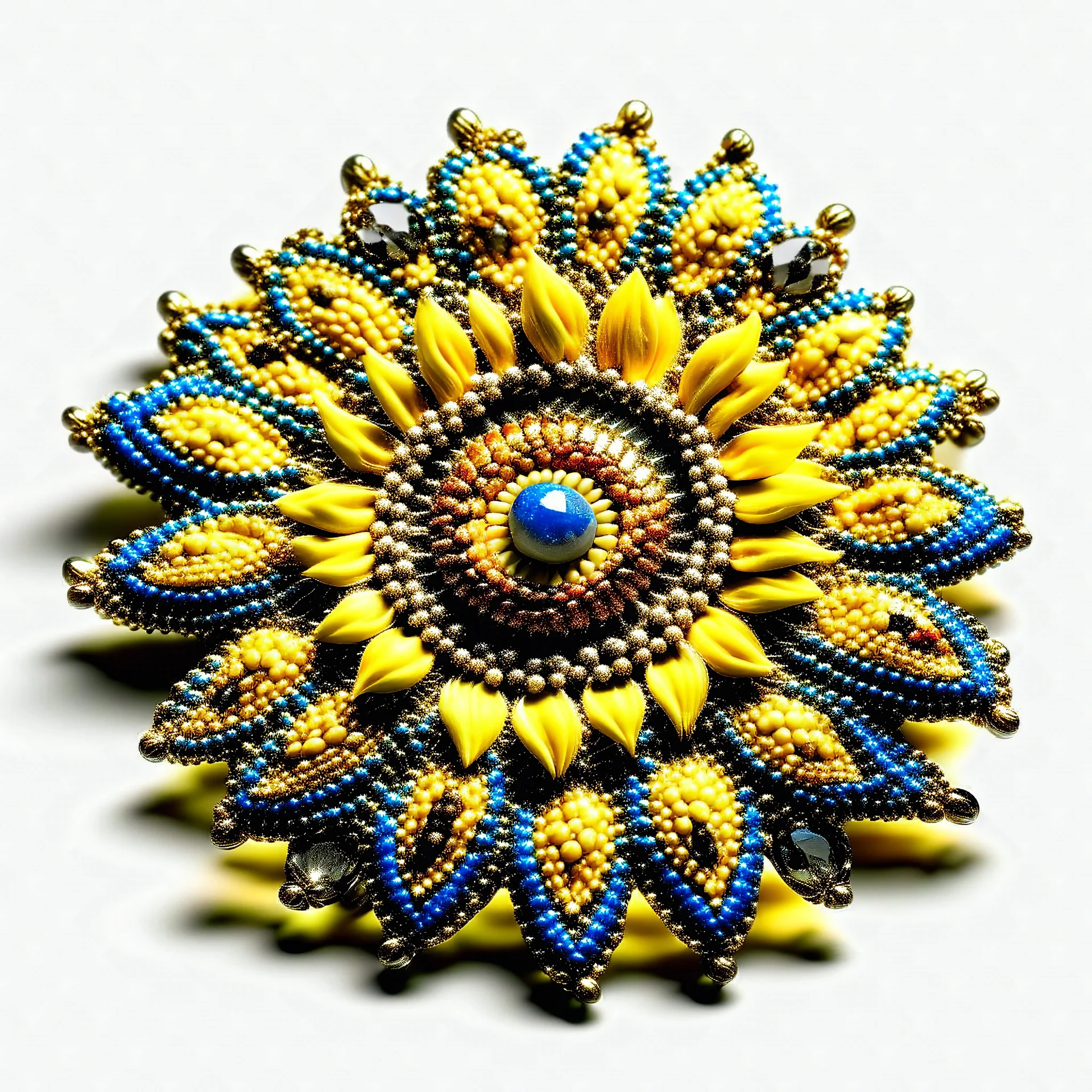 An elegant handmade brooch, richly embroidered with beads, bugles, sequins, crystals and stones, in the shape of a sunflower, a bold and intricate design, sparkling and eye-catching, will be the perfect complement to an evening outfit, luxurious and detailed.