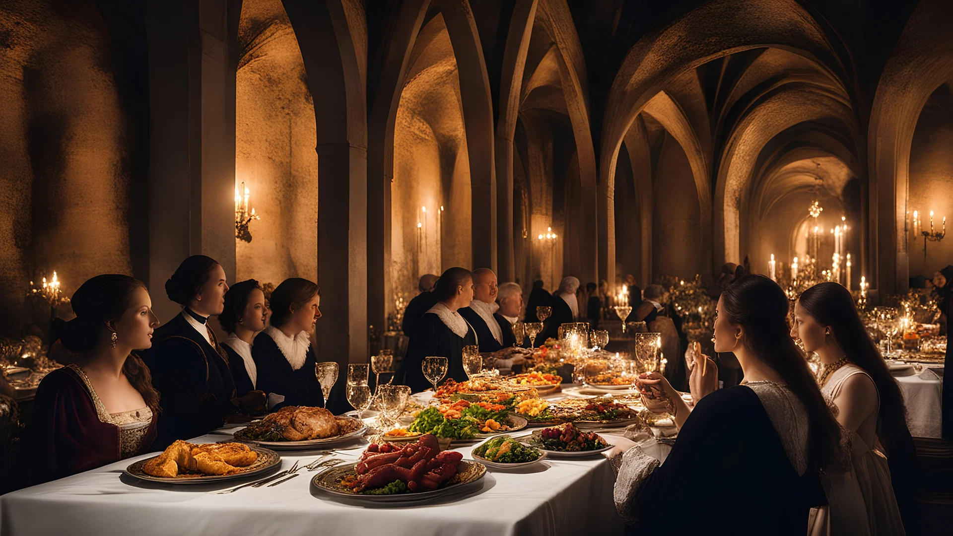 1498, delightful, sensitive, delicious food, mediaeval banquet, confident, delicate, night, darkness, architecture, filled with delicious food, award-winning photograph, beautiful composition, delicate colour, chiascuro