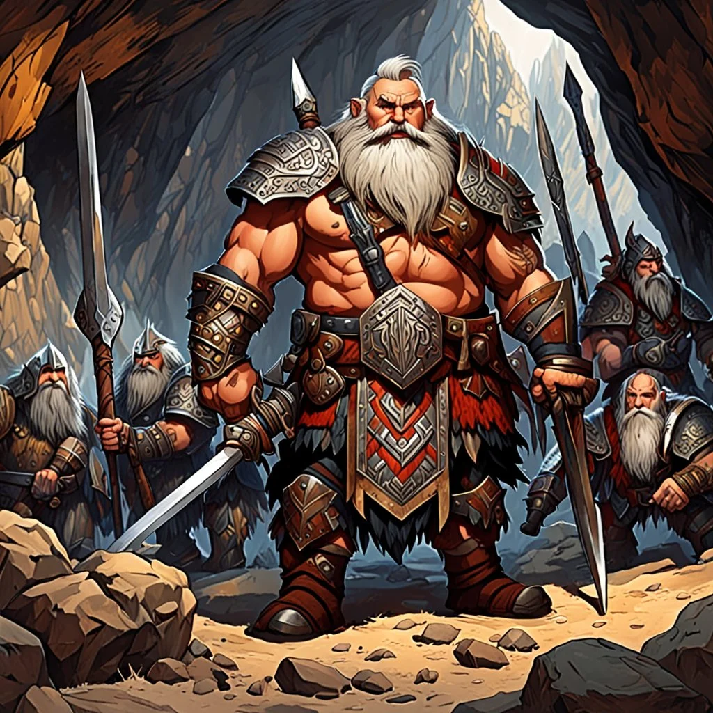 The sturdy Dwarves in front of the cave, with their characteristic proud, stout physiques, wear ornate, battle-worn armor adorned with bold, geometric patterns, and wield mighty axes, hammers, and swords. Their facial features are strong, with prominent beards, bushy eyebrows, and piercing, gemstone-like eyes. We Were Born Ready