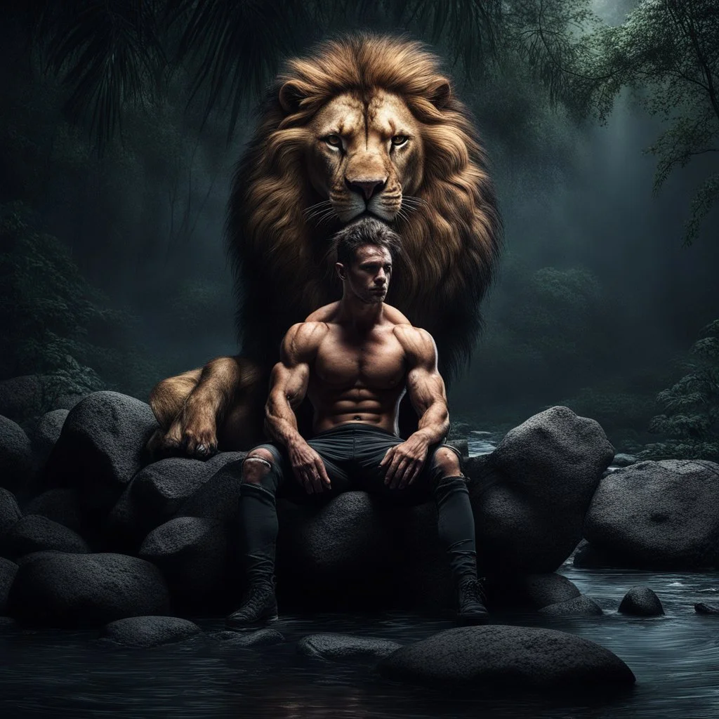 Hyper Realistic Handsome Muscular Man Sitting With a Huge-Zombified-Lion in a jungle with river-water-flow & big stones at dark rainy night showing dramatic & cinematic ambiance