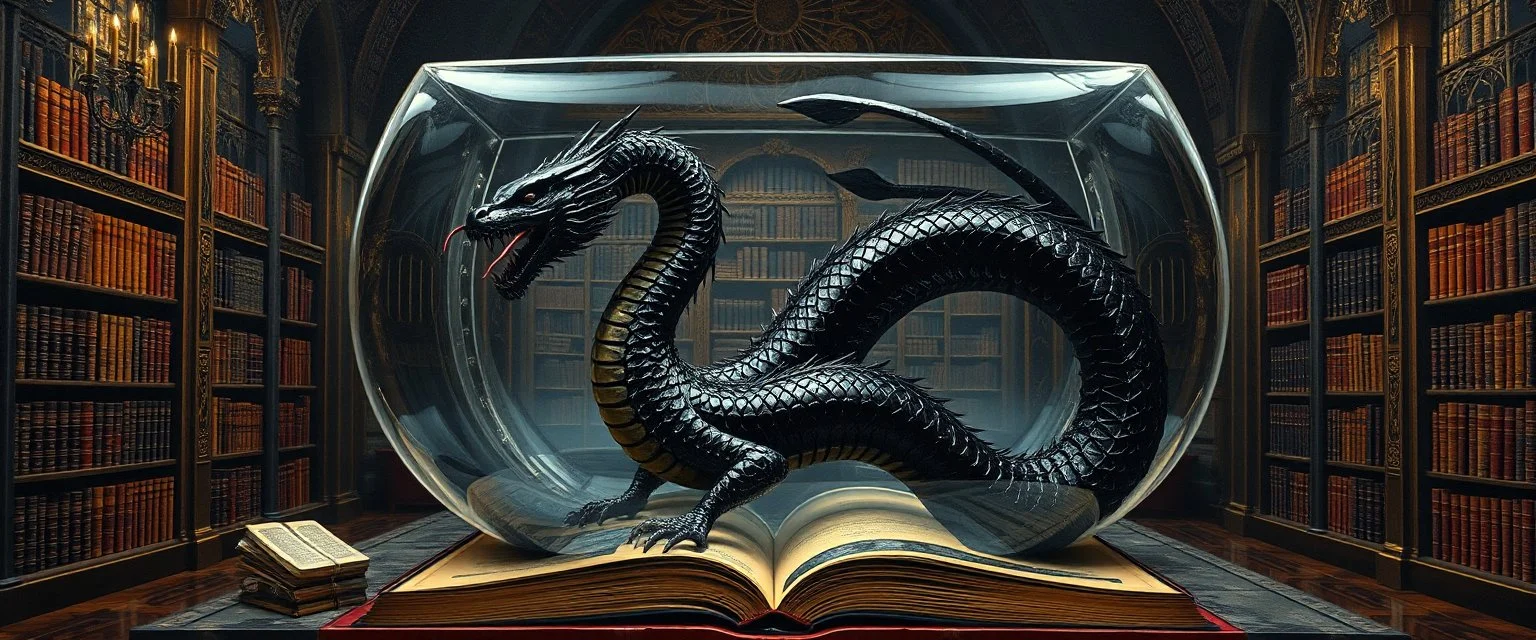 master oil painting by Escher and Giger, ancient library book obsidian chrome black serpent dragon inside huge transparent vase and with gold, master 3d models
