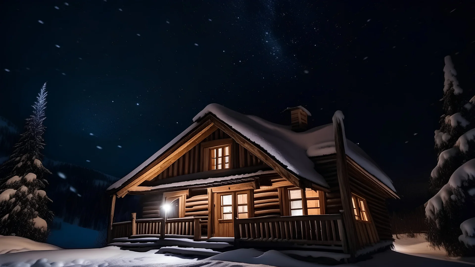 雪夜 星空下小木房