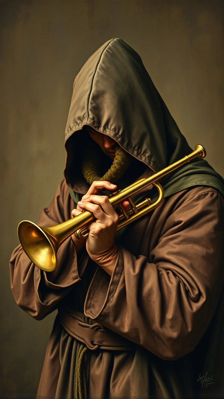 Hieronymus Bosch style , a hooded man playing the trumpet