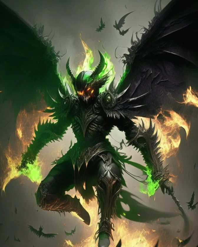 un demonio de armadura negra y verde y alas de ángel negras volando en llamas
