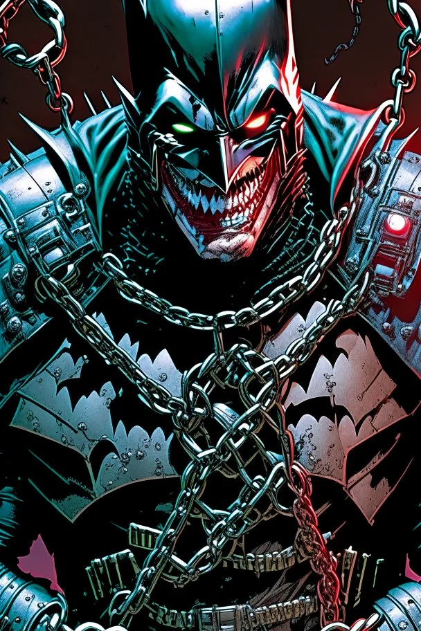 a close up of a person holding chains, the batman who laughs, jason fabok. greg staples, arkham city, gabriele dell'otto, joker wearing vader's armor suit, by Ryan Stegman, joker wearing vader's armor, david tennant as spawn, as illustrated in top cow comics, grotesque joker, venomized, jason fabok