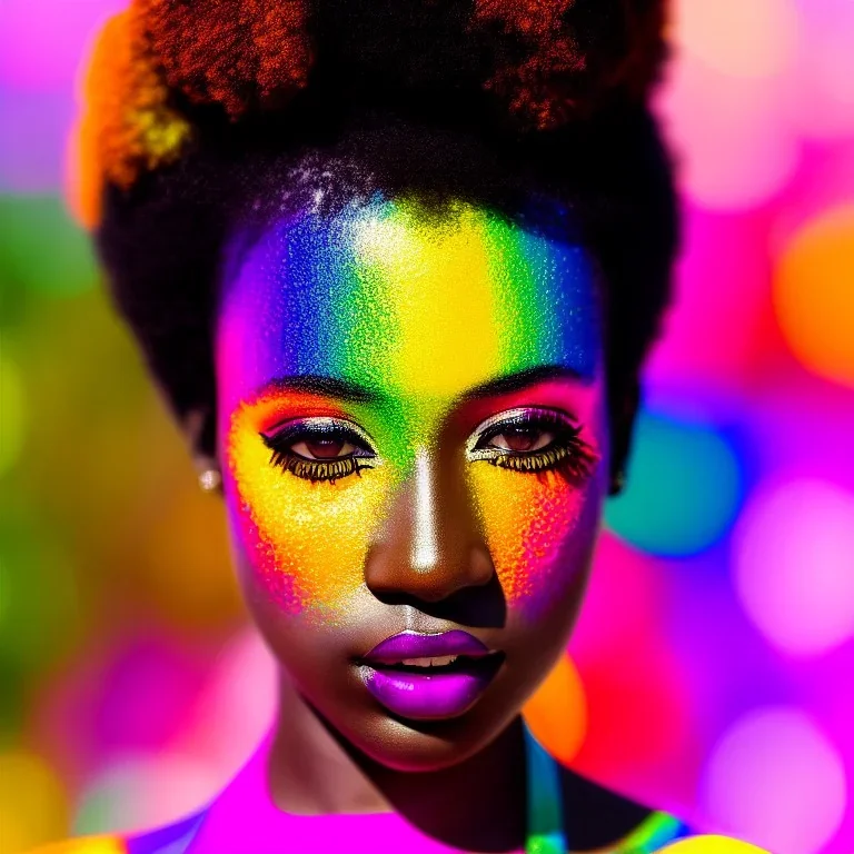 masterpiece, best quality, woman, dark skinned, sparkling eyes, fluorescent skin, colorful makeup, afro, highly detailed body, sun light, 4K, RAW, depth of field, high contrast, realistic details, 24mm