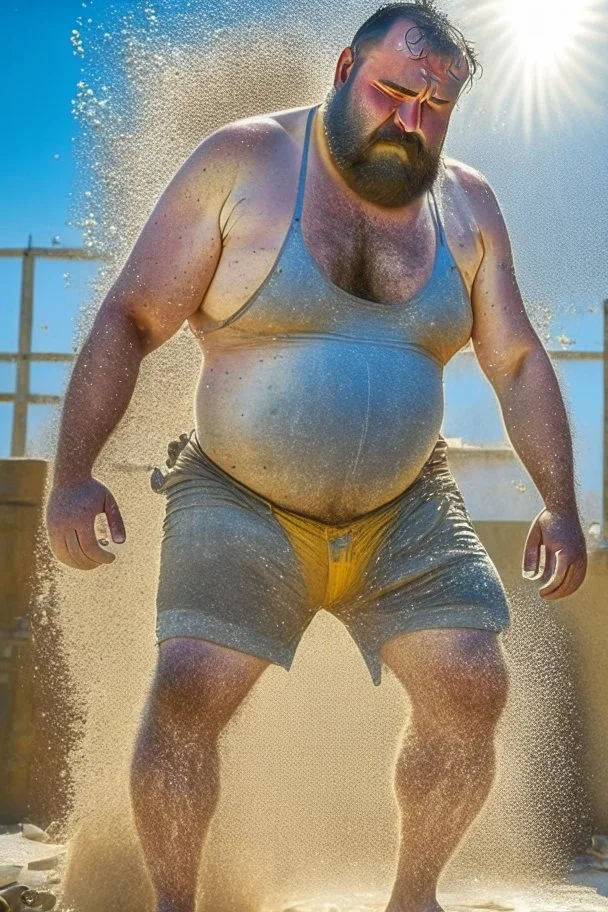 full figure shot photography of a wet sweat chubby and very virile 51-year-old burly turkish construction worker, long beard, in tank top, bulge, works hard very sweaty on a construction site in the sun repairing a floor, underlines the shine of the sweat in the sun's rays and the fatigue of the muscles, manly chest, , big legs, big belly , side view, photorealistic , side light