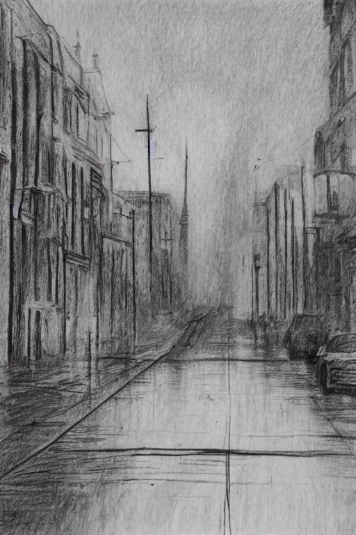 Pencil sketch of A car stops on an empty street, a traffic light, It's raining hard, night , houses on the side ، on lined paper