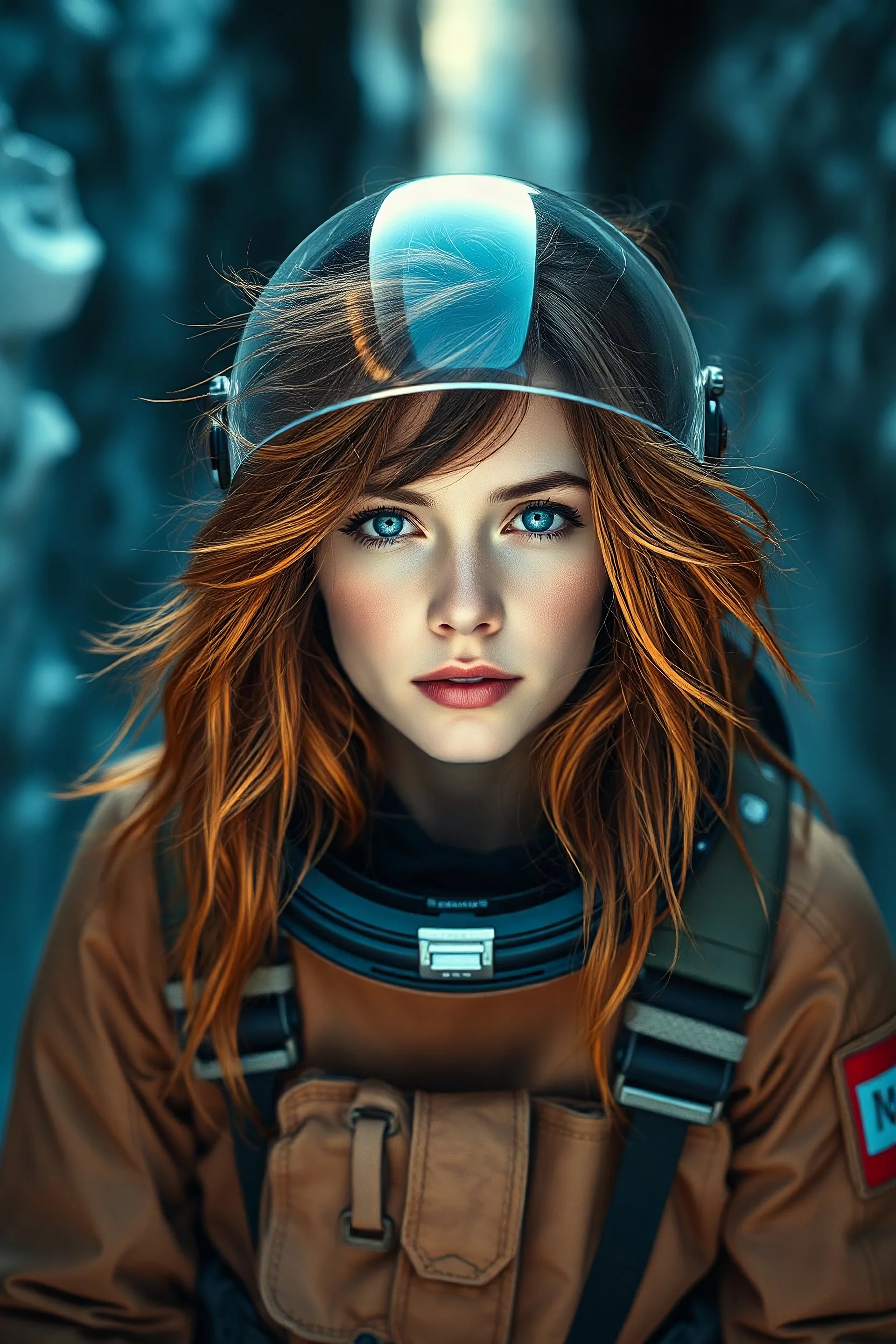 A young woman dressed in a cosmonaut suit without a helmet , exploring a frozen canyon . She has metallic-auburn long messy hair and intense blue eyes . Looking at the camera. Volumetric light with exquisite light and shadows.