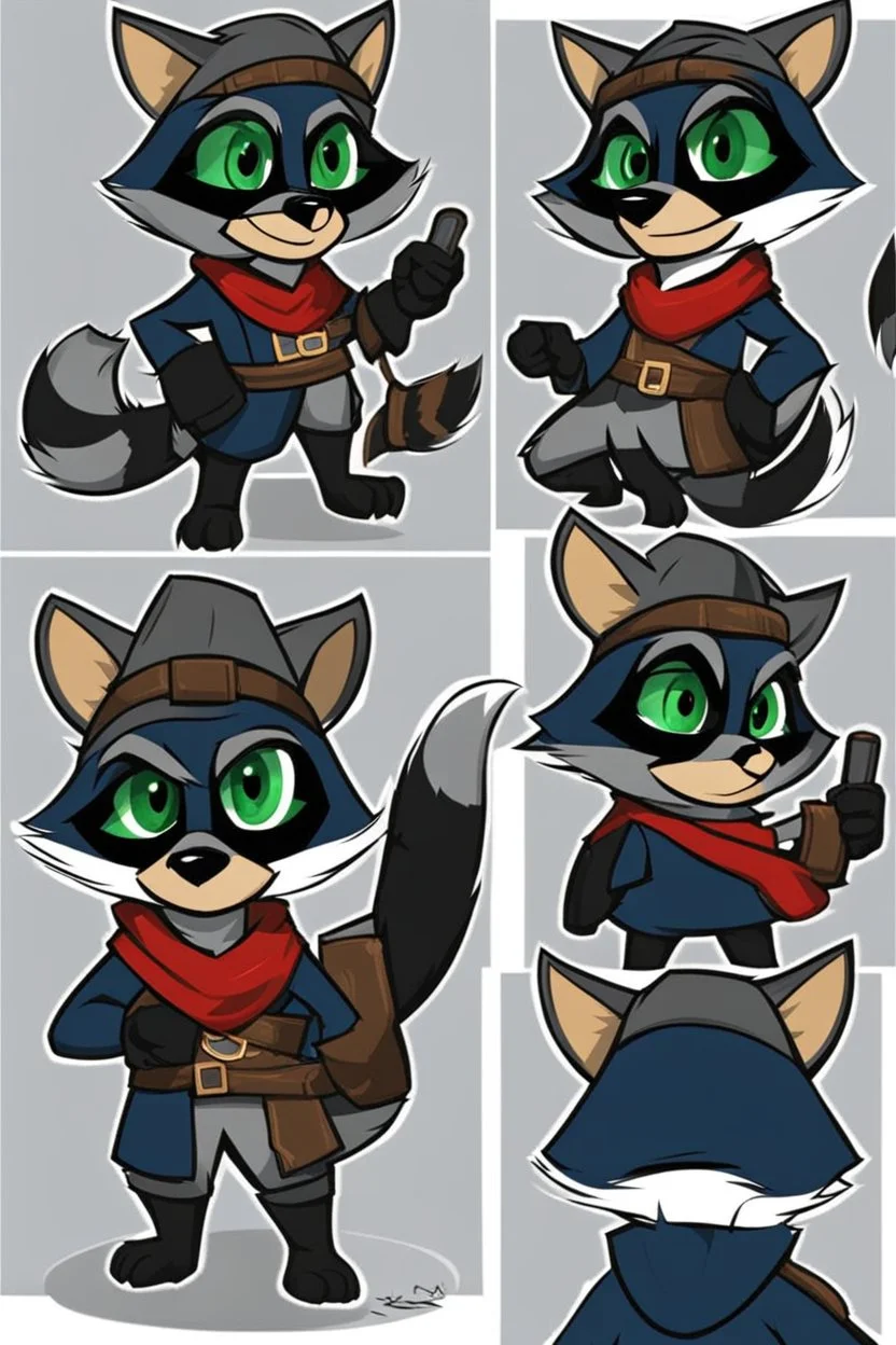 Make a Sly Cooper oc. He is a raccoon with sleek, charcoal-gray fur and emerald-green eyes. He has a sly and mischievous expression, with a black mask-like pattern around his eyes. He wears a tattered, dark blue bandit's outfit with a red sash and a feathered hat that adds to his roguish charm. He also sports a leather pouch at the base of his tail for carrying stolen treasures.