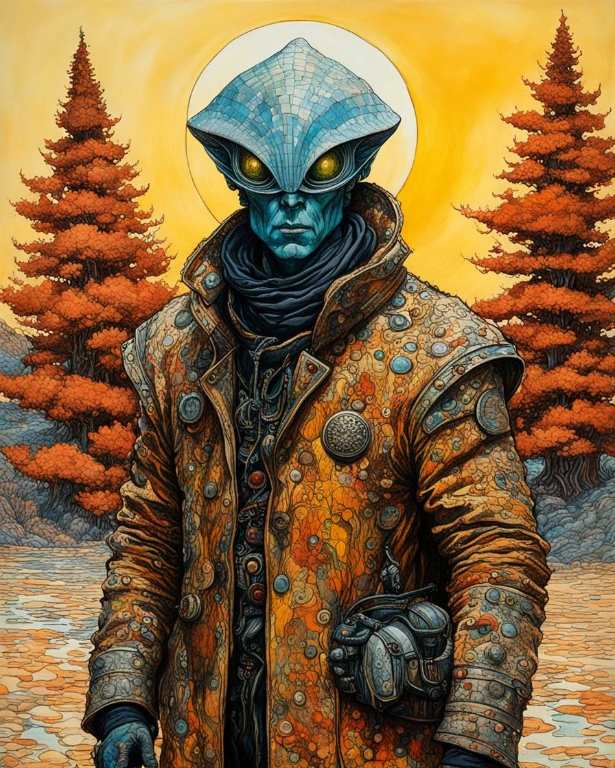 highly detailed, full body, ink oil portrait painting of an ancient, alien traveler , in the impressionist style of Childe Hassam, mixed with art nouveau, abstract impressionism, the surrealism of Yves Tanguy, and the comic art style of Jean-Giraud Moebius, precise and sharply defined facial features, protective clothing , and skin textures, in subdued autumnal colors