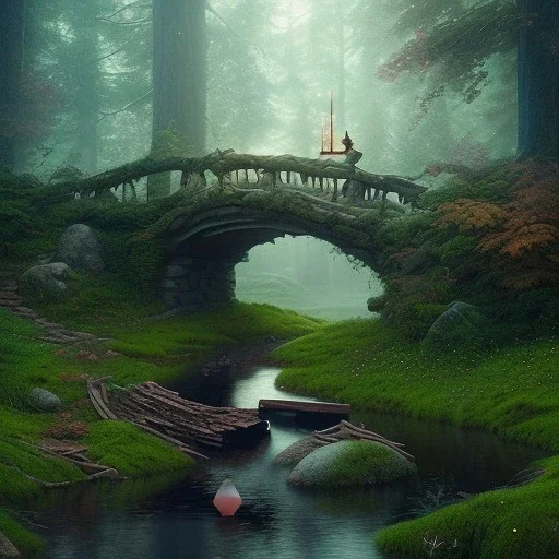 poet with lute, evening, glowing stone giant under wooden bridge in magical forest, spray painting, foliage frame, fantasy art , movie poster, Realistic photography, incredibly detailed, ultra high resolution, 8k, complex 3d render, cinema 4d, color corrected