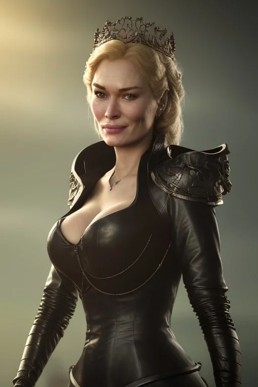 Cersei Lannister as evil queen in black leather, busty, cleavage, curvy, lena headay, angry, stern look. character design by cory loftis, fenghua zhong, ryohei hase, ismail inceoglu and ruan jia. unreal engine 5, artistic lighting, highly detailed, photorealistic, fantasy