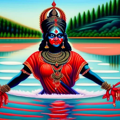 An oil painting of goddess Kali crossing a lake