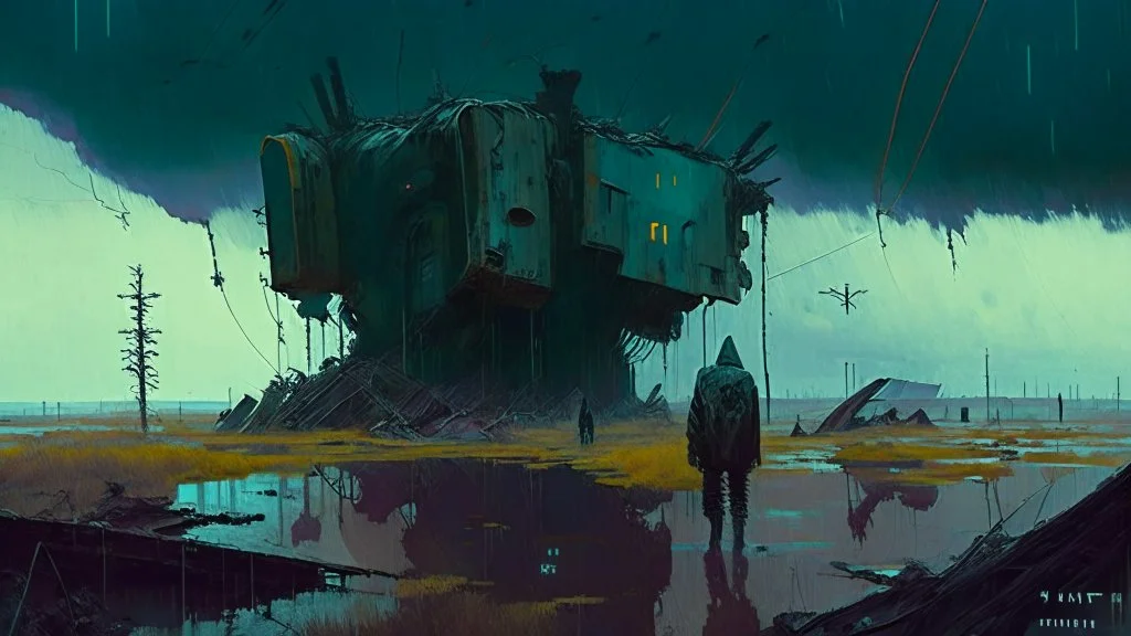 Strange surreal world, techno gothic, post apocalyptic art, neo cyberpunk renaissance, Science fiction painting, Denis Sarazhin Simon Stålenhag, Nicolas Bruno, sinister vibes, harsh survivalism, Peter Sallesen, Hamish Frater, ominous sky