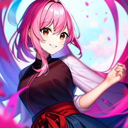 8k, Girl, high quality, detailed, pink hair, red eyes, beautiful lighting, vibrant colors, smiling, hakama