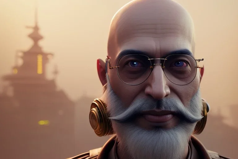 portrait of a bald Atul Bhardwaj, steampunk, brown eyes, no facial hair, steampunk, unreal 5, octane render, cinema4d, dynamic lighting, soft lighting, 4k, redshift render, highly detailed, hyper realistic