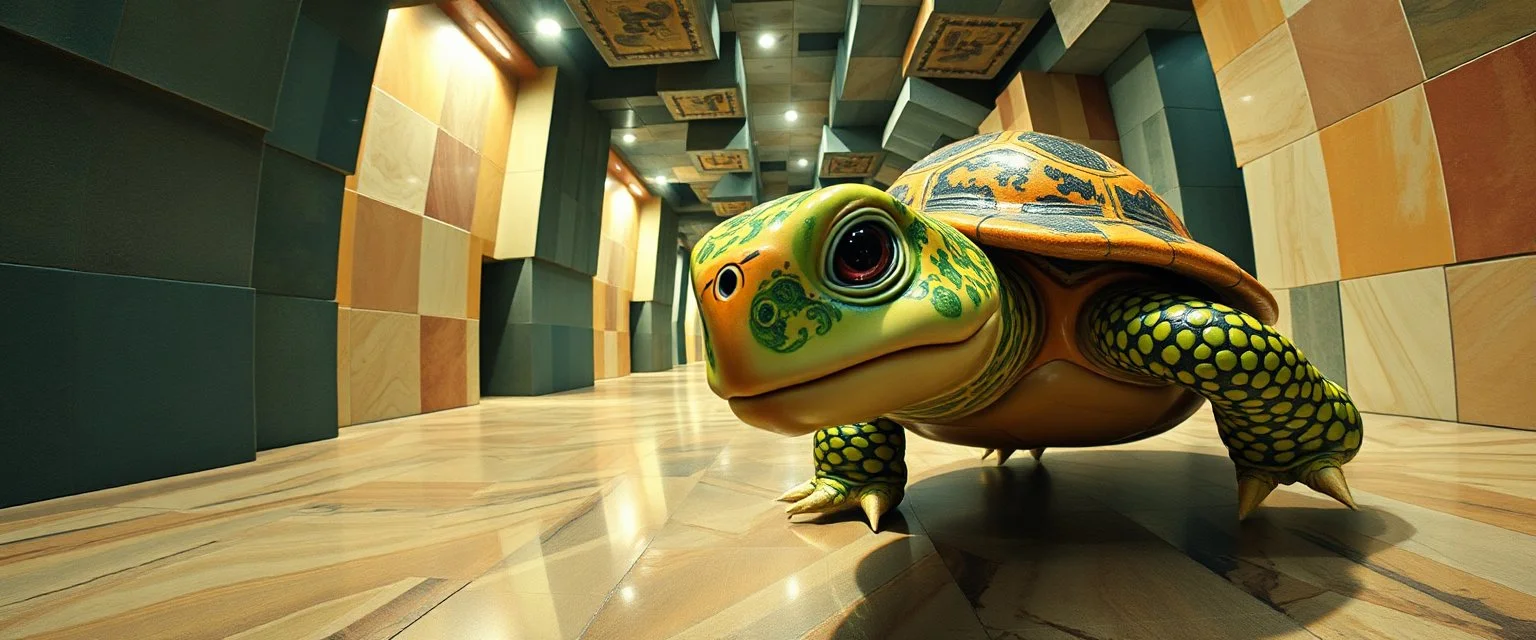 pin hole cam , master oil painting by Rembrandt, reflective marble madness turtle character portrait, a living bowling marble halls with slightly tilted floor in a twisted block maze, scenery from the game "marble madness", crystal birds, the floor betrays, the walls collide