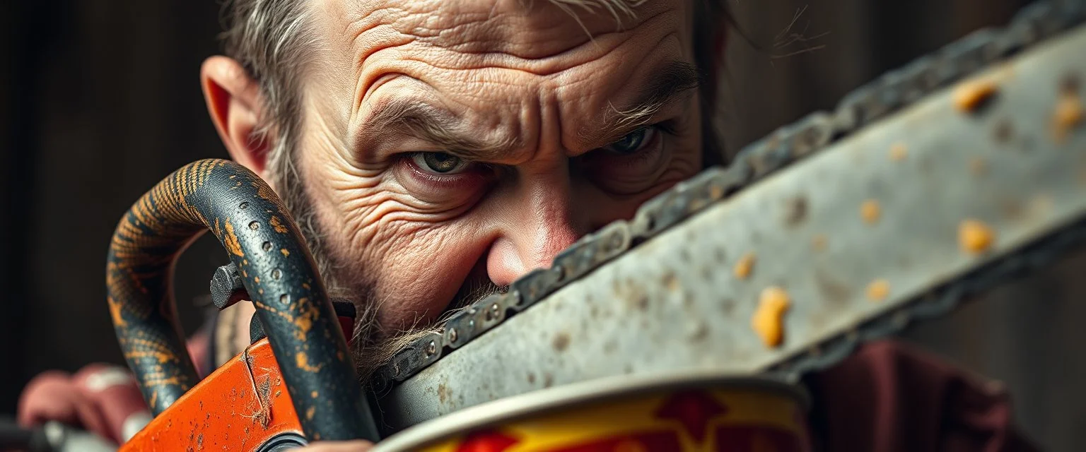 close up portrait of a blody ramen bucket that looks like a chain saw wielded by serious angry law man, hillbilly inbred man