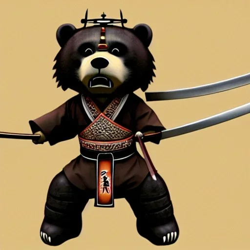 Un ours, anthropomorphique, habillé comme un samurai, portant un katana très detaillé, réaliste, très détaillé, représentation 3d.