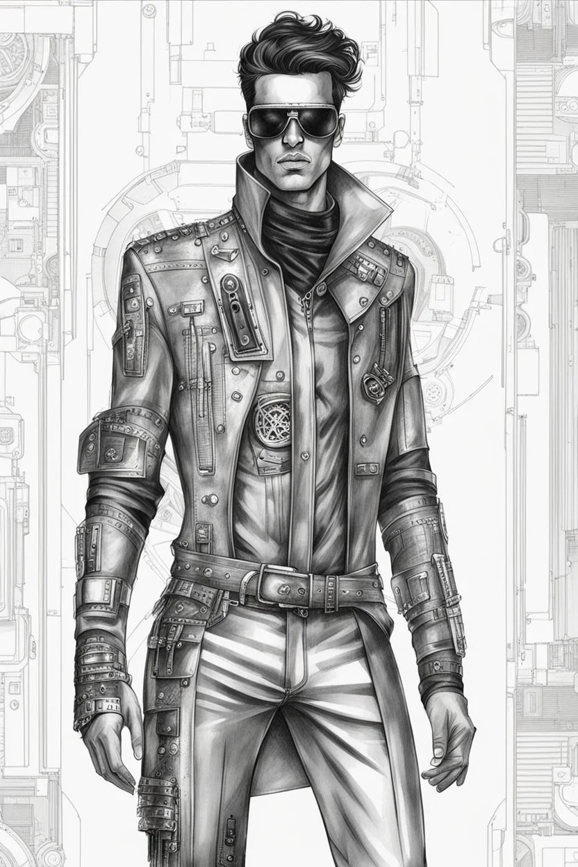 fashion illustration, sketches, futuristic man fashion, microchip designe shirt, black leather pant with silver accessories and belt buckle, steampunk and cyberpunk mixed style, sci-fi fashion style