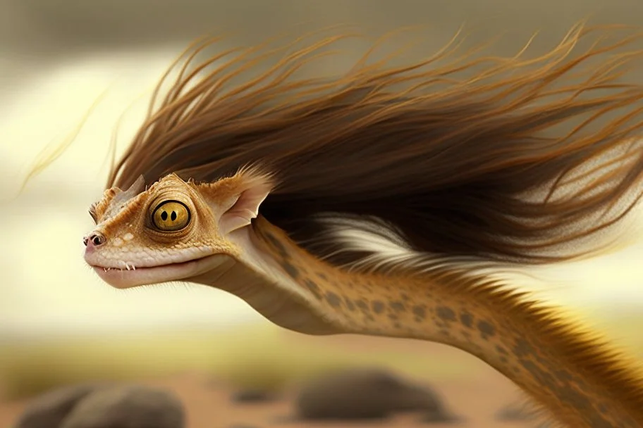 gecko with long brown hair in the wind