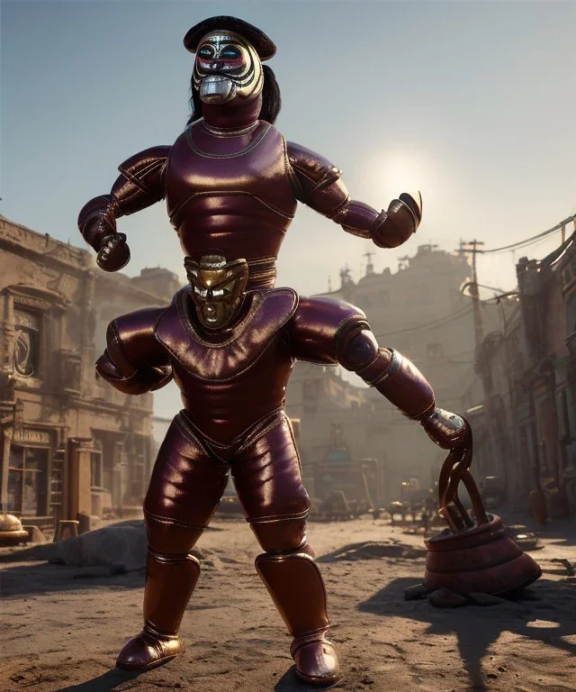 Strong Man, Mexican wrestling, Mexican mask, retro 80s style, hot ambient, photo studio, latex color dress, red, gold, vibrant color, highly detailed, art stations, concept art, smooth, unreal engine 5, god rays, ray tracing, RTX, lumen lighting, ultra detail, volumetric lighting, 3d, finely drawn, high definition, high resolution.