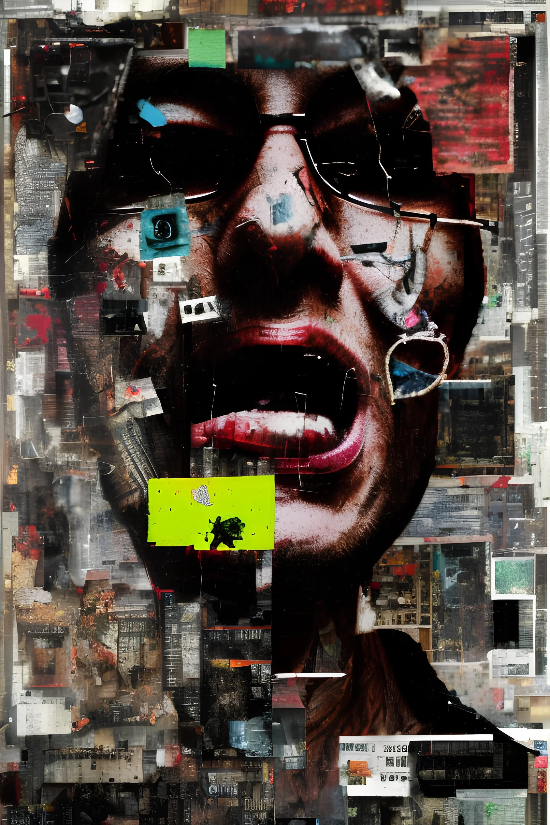 Ultra detailed medium portrait painting of laughing devil's, dark room with little light coming from an open door behind, torn up collage of clippings, broken circuitry background, matrix effects, punk visual art, punk art aesthetic, graffiti art, pop surrealism, collage art, cluttered paint glitches