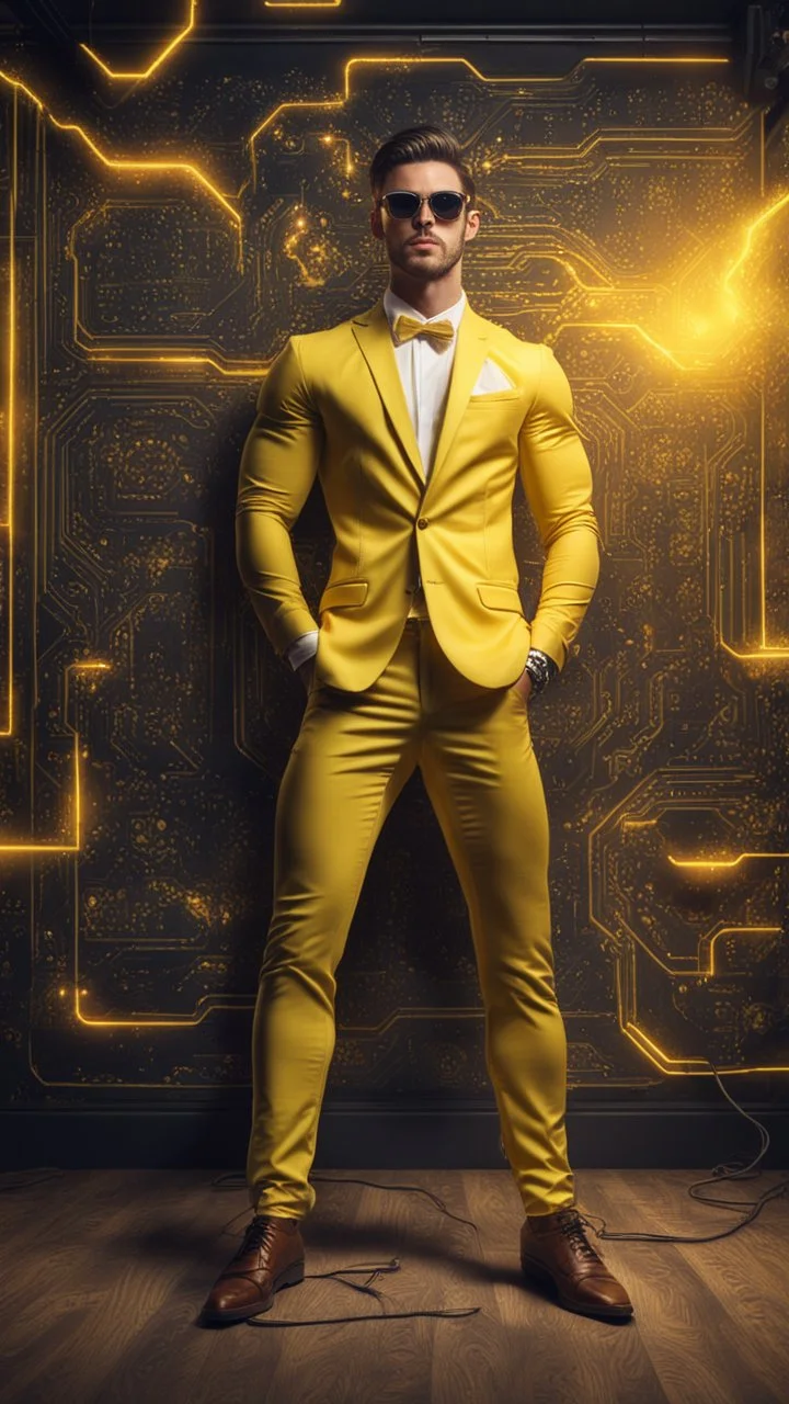 Hyper Realistic handsome muscular Electric-Superhero wearing long-fancy-yellow-tuxedo & fancy-sunglasses in a dark-rustic-circuit-room with electric-sparks & a massive circuit-board-wall