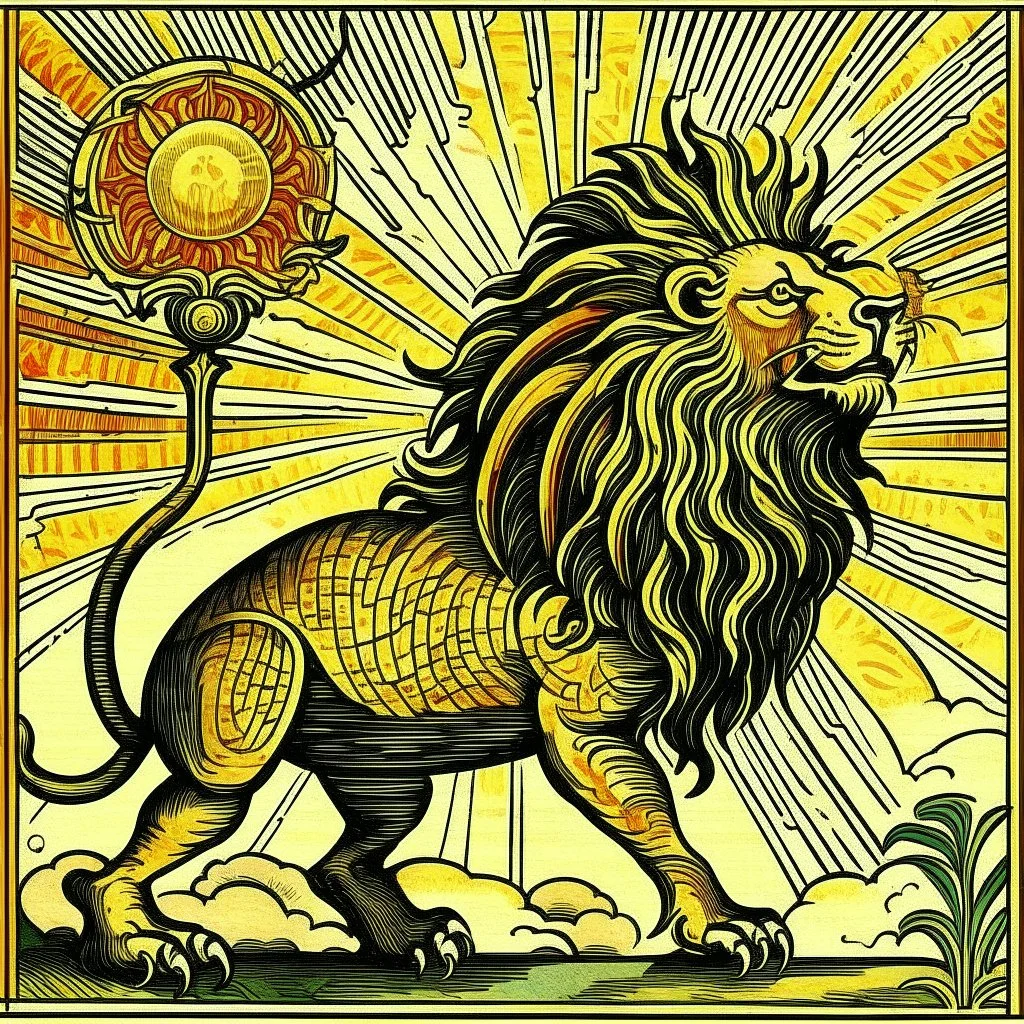 Art deco design of a lion devouring a sun