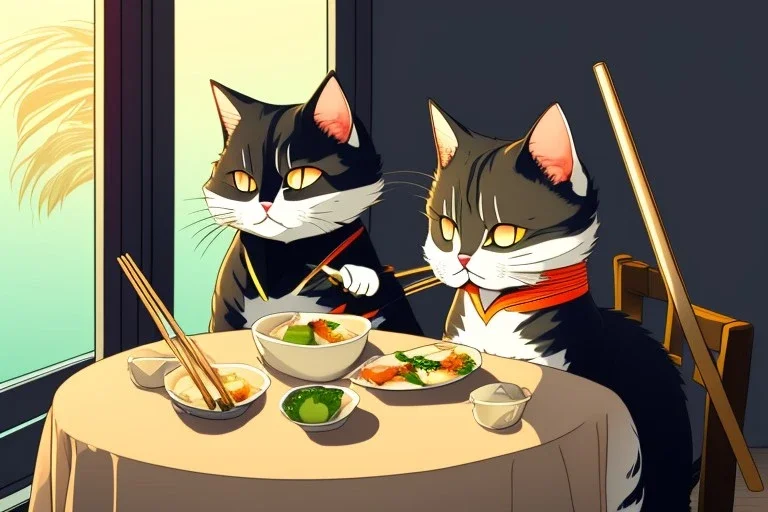 Cats sitting at a table, eating sushi with chopsticks. Animé Style