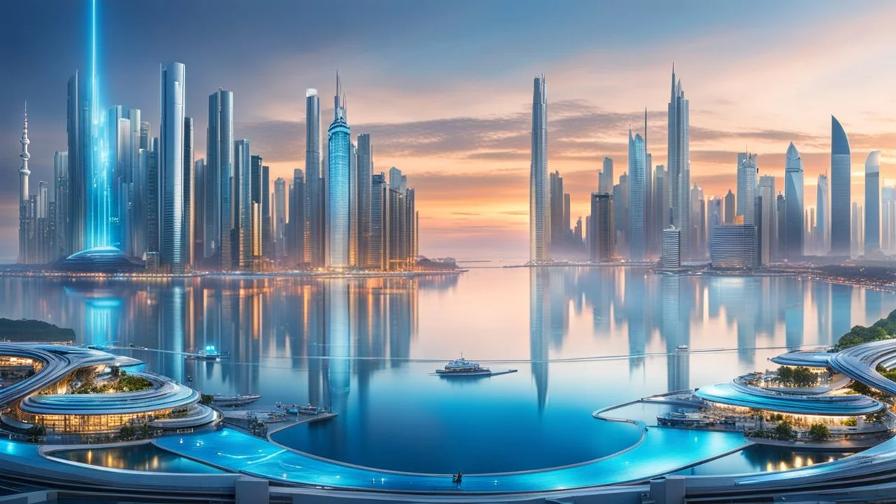 stunning panoramic view of an Amazing futuristic asian cyber city on a biomechanical tall island, azure blue sea, skyline suring Sunset , reflections, high detailed, sharp focus, best shot