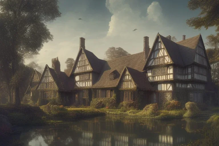 portrait of a tudor manor house on a street, fishpond architecture, highly detailed, blue sky, cinematic lighting, digital art painting by greg rutkowski