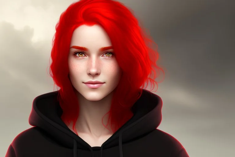 Woman with bright red hair, brown eyes, wearing a black hoodie, realistic, slight smile